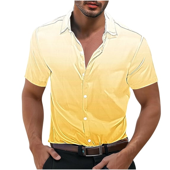 VSSSJ Men's Short Sleeve Silk Satin Shirts Stylish Gradient Color Button Down Shirt Relaxed Fit Collared Casual Party Dress Shirts Yellow XXXXL