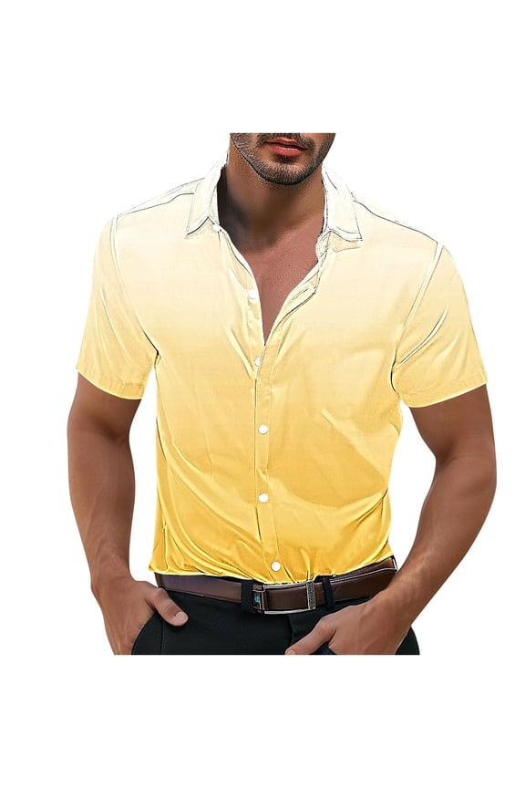 Men's Short Sleeve Silk Satin Shirts Stylish Gradient Color Button Down Shirt Relaxed Fit Collared Casual Party Dress Shirts Yellow XXXXXL