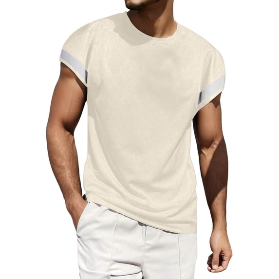 VSSSJ Men's Short Sleeve Tee Shirt Color Block Crew Neck Waffle Pullover Tops Loose Fit Summer Casual Lightweight Basic Shirts Beige S