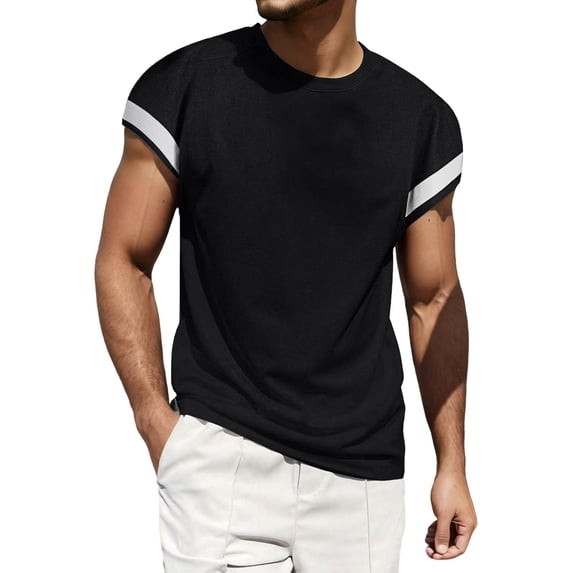 VSSSJ Men's Short Sleeve Tee Shirt Color Block Crew Neck Waffle Pullover Tops Loose Fit Summer Casual Lightweight Basic Shirts Black M