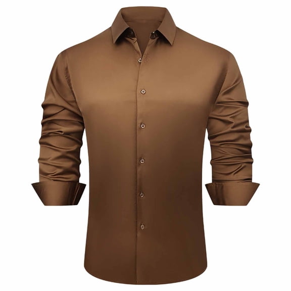 VSSSJ Men's Silk Satin Dress Shirts Business Long Sleeve Button Down Lapel Formal Shirts Casual Slim Fit Party Prom Wedding Shirt Coffee XL