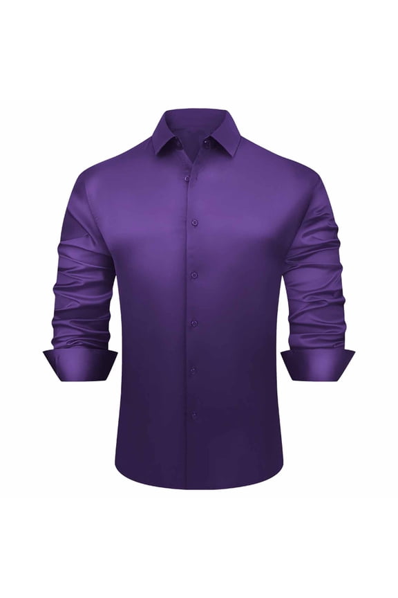 Men's Silk Satin Dress Shirts Business Long Sleeve Button Down Lapel Formal Shirts Casual Slim Fit Party Prom Wedding Shirt Purple XXL
