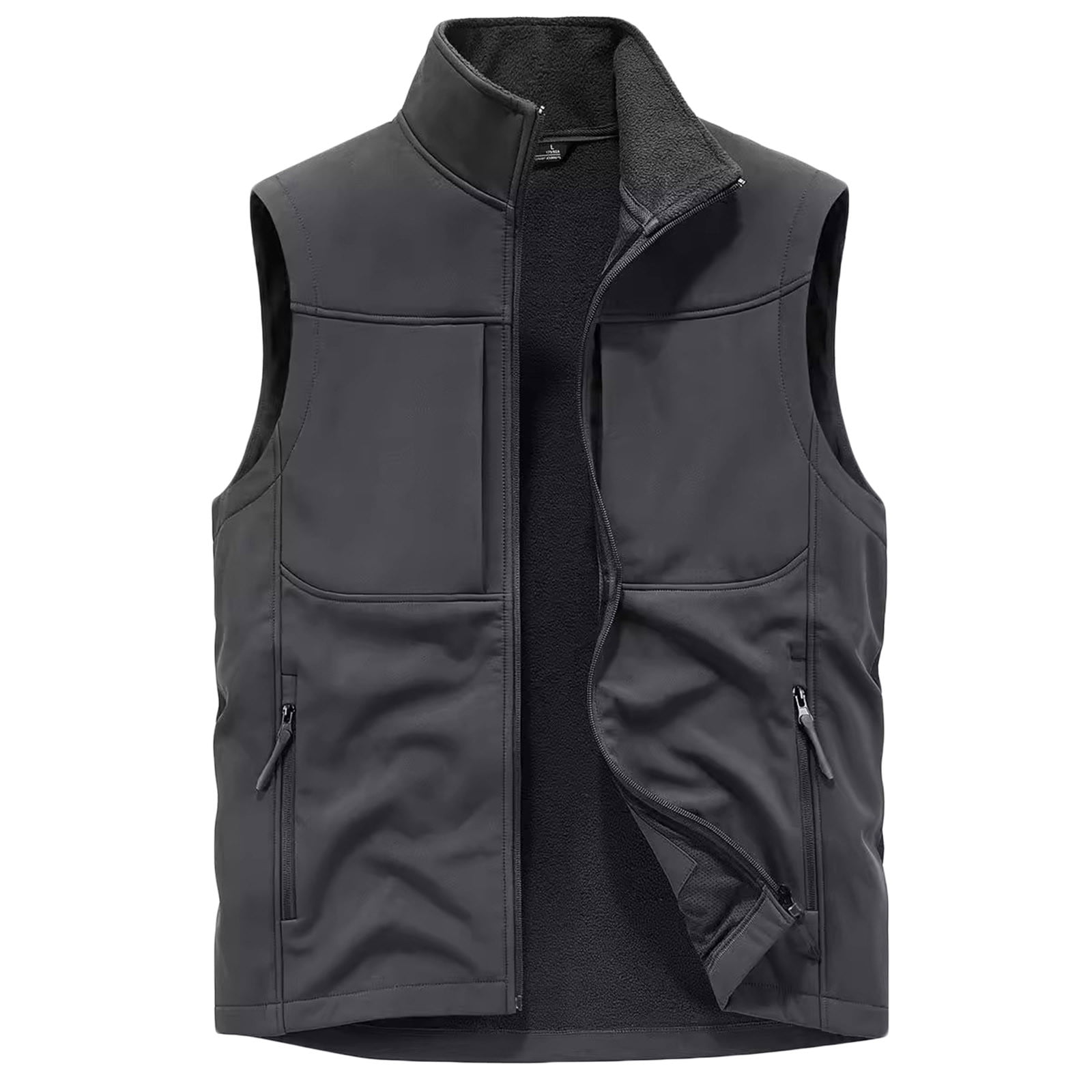 VSSSJ Men's Softshell Vest Outerwear Zip Up Fleece Lined Windproof Travel Vest Outdoor Sleeveless Stand Collar Sports Jacket for Golf Running Hiking Dark Gray XXL