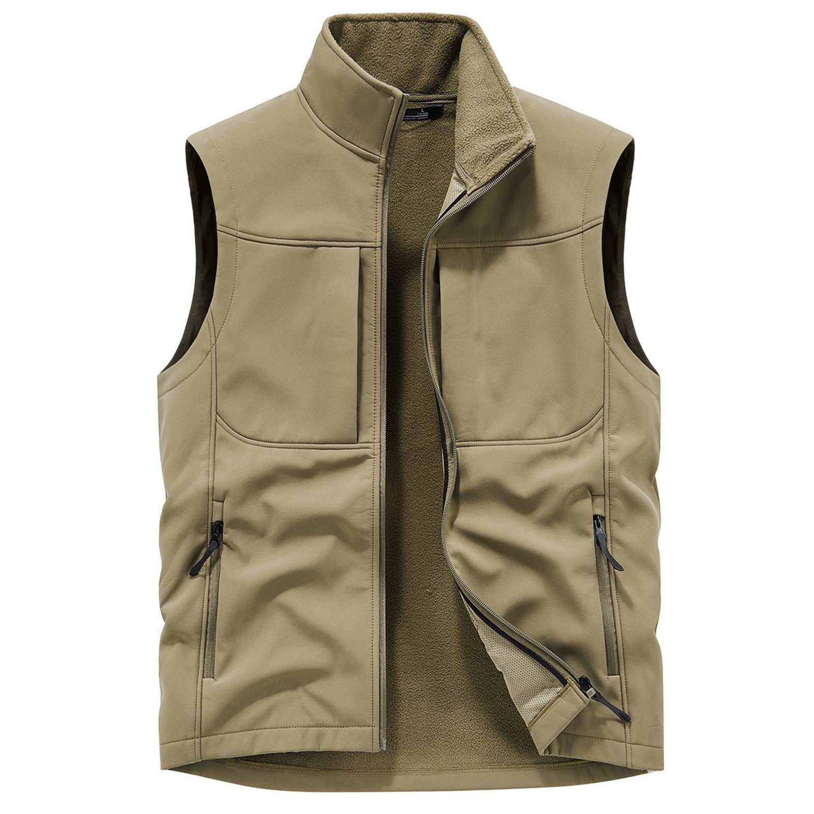 VSSSJ Men's Softshell Vest Outerwear Zip Up Fleece Lined Windproof Travel Vest Outdoor Sleeveless Stand Collar Sports Jacket for Golf Running Hiking Khaki M