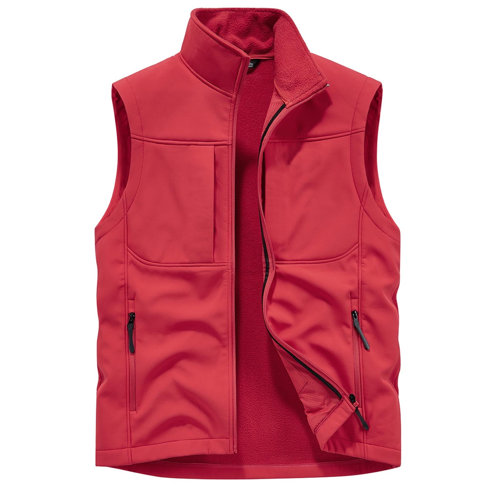 VSSSJ Men's Softshell Vest Outerwear Zip Up Fleece Lined Windproof Travel Vest Outdoor Sleeveless Stand Collar Sports Jacket for Golf Running Hiking Red XL