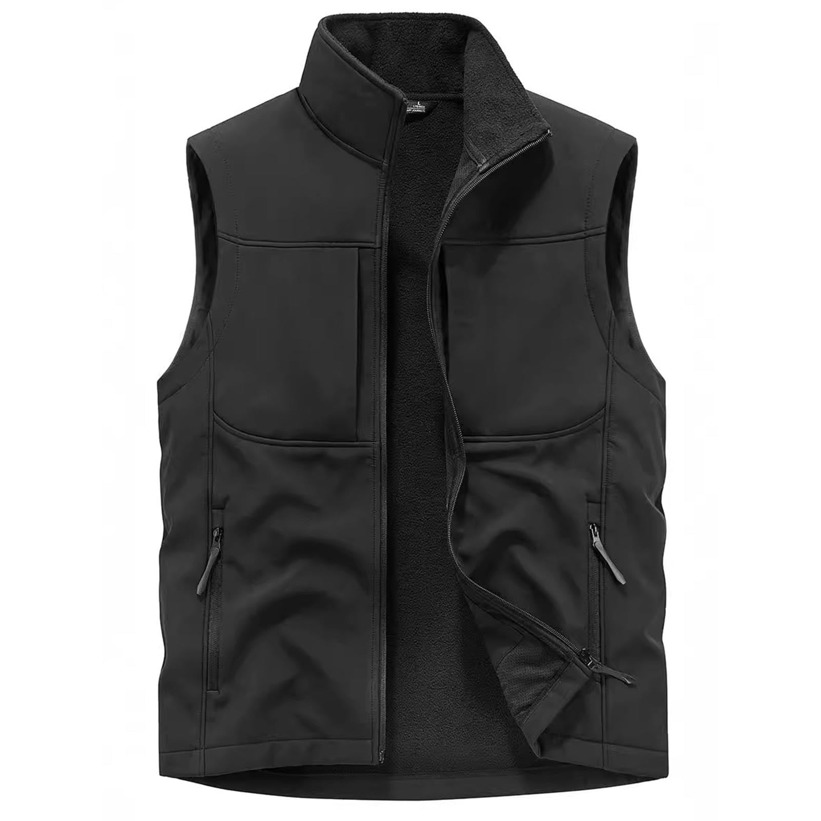 VSSSJ Men's Softshell Vest Outerwear Zip Up Fleece Lined Windproof Travel Vest Outdoor Sleeveless Stand Collar Sports Jacket for Golf Running Hiking Black XXXL