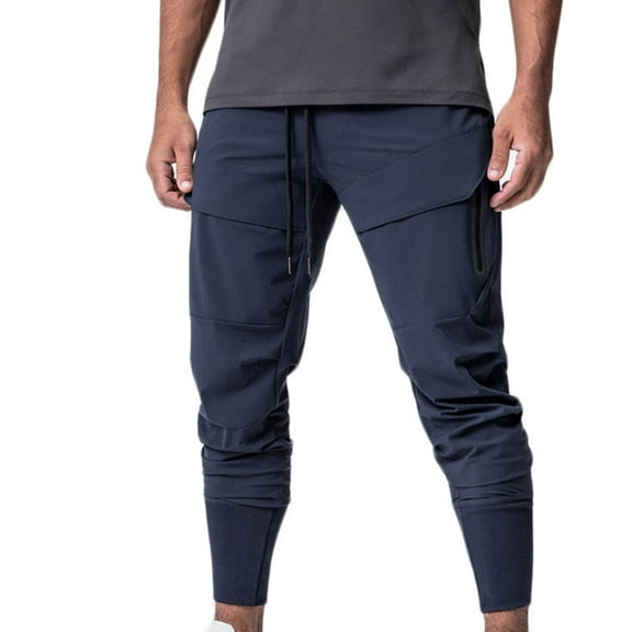 VSSSJ Men's Solid Color Pants Slim Fit Drawstring Elastic Waist Full Length Trousers with Zipper Pockets Casual Quick Dry Training Hiking Pants Navy S