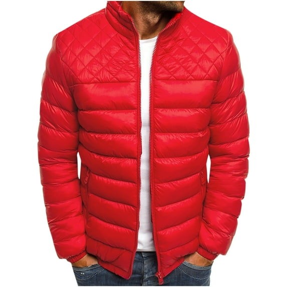 VSSSJ Men's Solid Color Puffer Jacket Plus Size Zip Up Chest Diamond Designed Long Sleeve Stand Collar Down Jackets Fall Winter Warm Outwear Red S