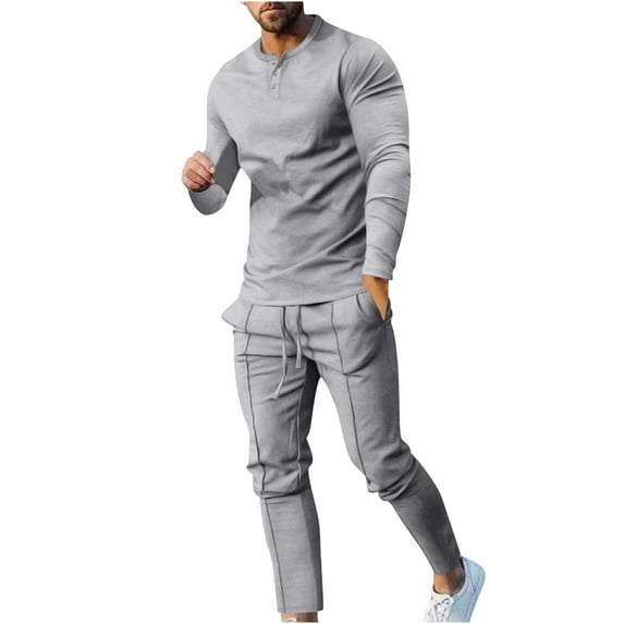 VSSSJ Men's Sport Two Piece Outfits Relaxed Fit Solid Color Long Sleeve V-Neck Tshirts and Drawstring Long Pants Casual Comfy Jogging Sets Gray XL