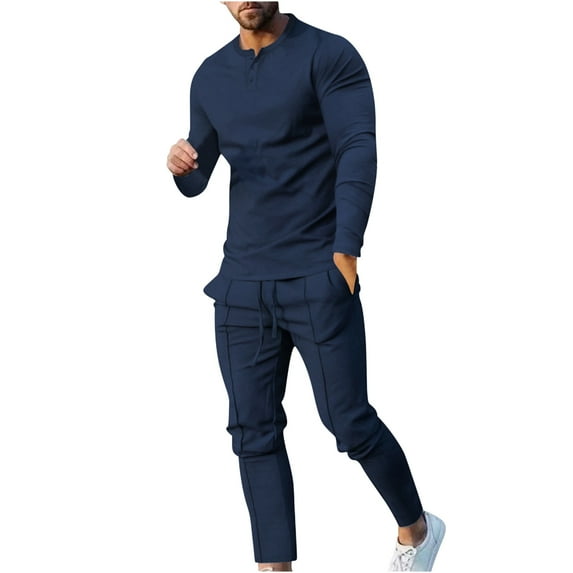 VSSSJ Men's Sport Two Piece Outfits Relaxed Fit Solid Color Long Sleeve V-Neck Tshirts and Drawstring Long Pants Casual Comfy Jogging Sets Navy XL