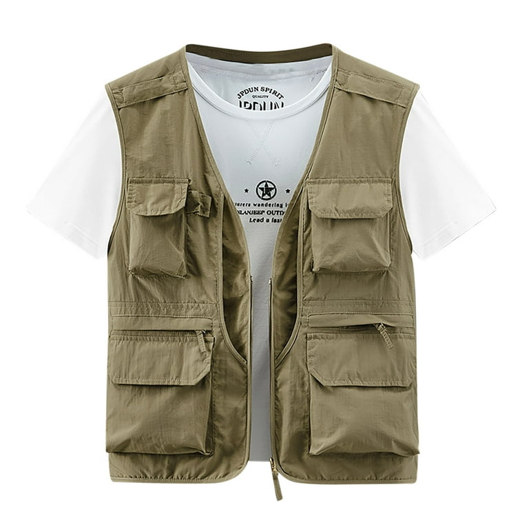 VSSSJ Men's Sport Vest Relaxed Fit Solid Color Zip Up V-Neck Sleeveless  Jacket with Multi-Pocket Outdoor Climbing Thin Quick Dry Work Outwear Khaki