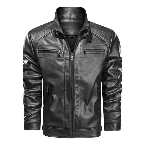 VSSSJ Men's Stand Collar PU Leather Jacket Slim Fit Warm Winter Windproof Motorcycle Jacket Faux Leather Jacket Outwear with Zipper Pockets Black M