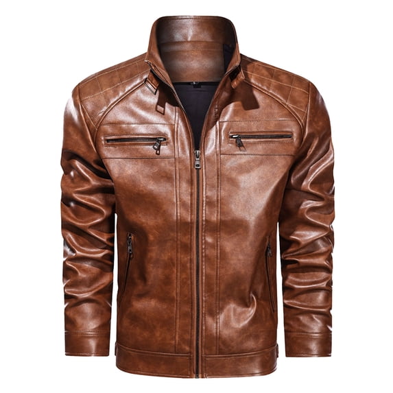 VSSSJ Men's Stand Collar PU Leather Jacket Slim Fit Warm Winter Windproof Motorcycle Jacket Faux Leather Jacket Outwear with Zipper Pockets Brown XXL