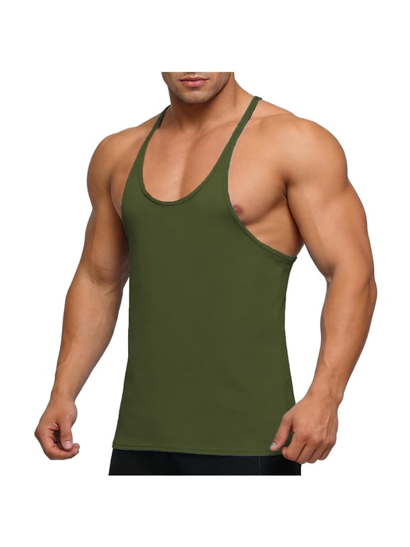Men's Stringer Tank Tops Muscle Bodybuilding Quick Dry Gym Vest Y-Back Cotton Breathable Fitness Workout Sleeveless T-Shirt Army Green XL