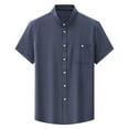 thumbnail image 1 of VSSSJ Men's Striped Button Down Shirt Stretch Casual Summer Trendy Stand Collar Shirts Regular Fit Short Sleeve Business Shirt for Men Dark Blue XL, 1 of 9