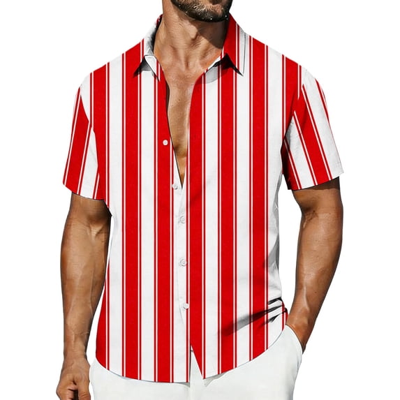 VSSSJ Men's Striped Casual Shirts Short Sleeve Button Down Vacation Shirt Relaxed Fit Collared Stylish Summer Beach Hawaiian Shirt Red XL
