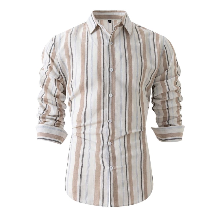 Vsssj Men's Striped Dress Shirts Button Down Casual Cotton Linen Shirt Slim Fit Long Sleeve Lapel Collar Suit Shirt for Men Brown Xxxl