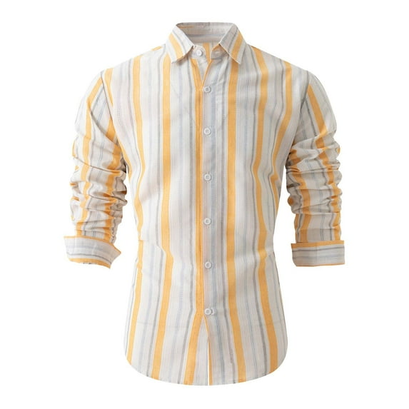 VSSSJ Men's Striped Dress Shirts Button Down Casual Cotton Linen Shirt Slim Fit Long Sleeve Lapel Collar Suit Shirt for Men Yellow XXXL
