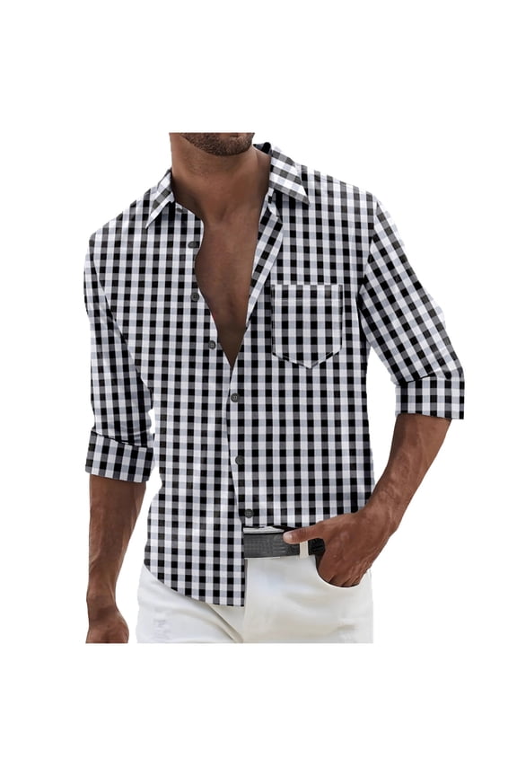 Men's Striped Shirts Long Sleeve Dress Shirt Casual Button Down Lapel Collar Regular Fit Pocket Plaid Shirt Black XL