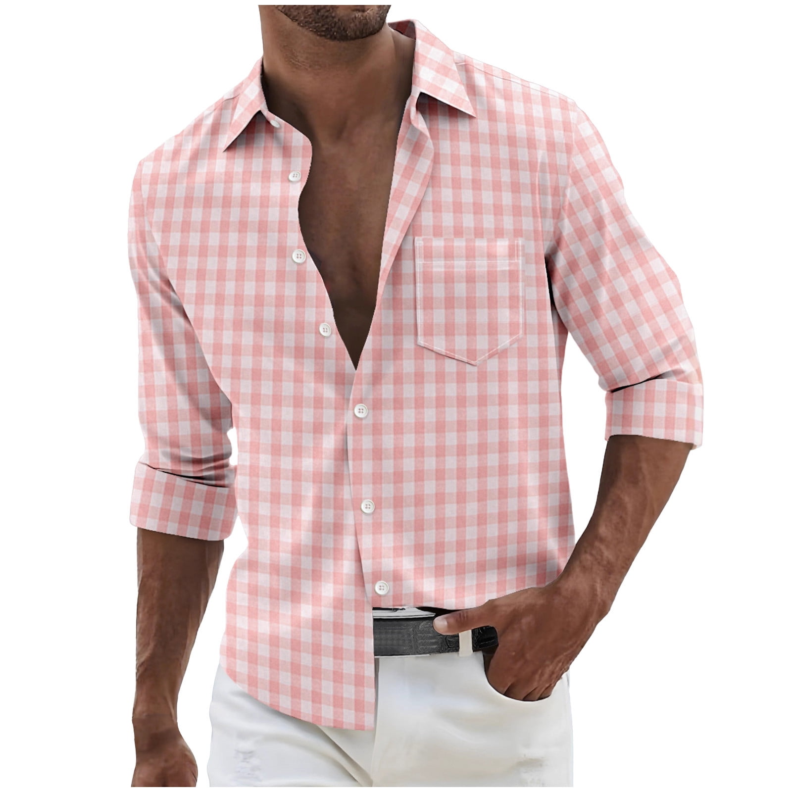 mens pink checkered dress shirt Mens Pink Plaids & Checks Formal Business Dress Shirt Lightweight Easy Iron Top