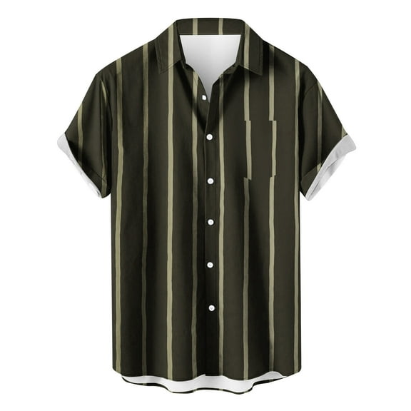 VSSSJ Men's Striped Shirts Loose Short Sleeve Button Up Casual Shirt Turndown Collar Relaxed Comfy Summer Beach Vacation Shirts Brown L