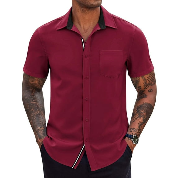 VSSSJ Men's Summer Shirts Short Sleeve Casual Button Down Shirt Regular Fit Fashion Color Block Beach Vacation Wedding Shirt Red L