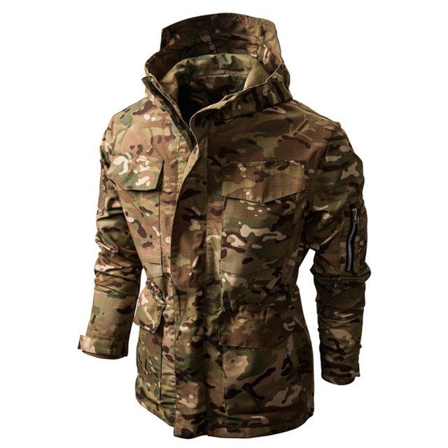 VSSSJ Men's Tactical Hooded Jacket Oversized Fit Camouflage Print Long