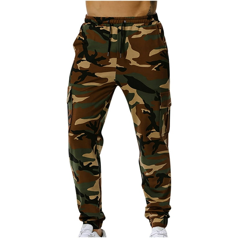 VSSSJ Men's Tactical Pants Big and Tall Camouflage Patchwork Drawstring  Elastic Waist Long Pants Casual New Fashion Outdoor Cargo Pants with Multi