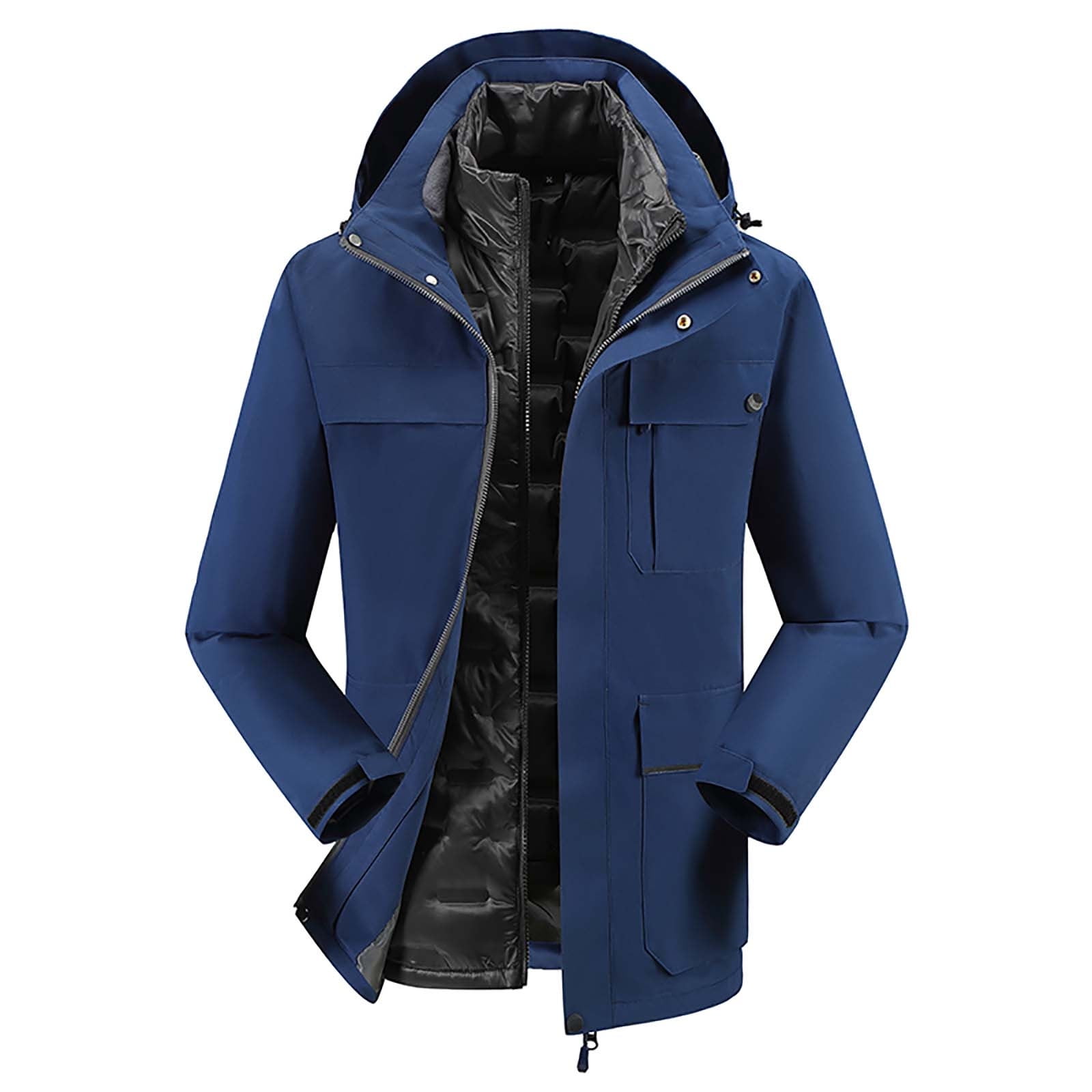 VSSSJ Men s Thermal Assault Coats with Detachable Cap Oversized Fit Solid Color Long Sleeve Zip Up Winter Coat Outdoor Thickening Windproof Waterproof Sports Jacket Navy L Walmart