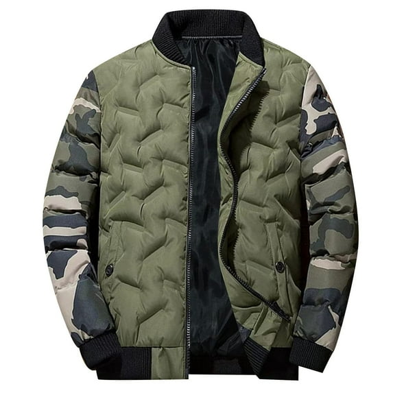 VSSSJ Men's Thermal Coats Big and Tall Camouflage Print Patchwork Zip Up Long Sleeve Stand Collar Jackets Autumn and Winter Thermal Outwear Green M