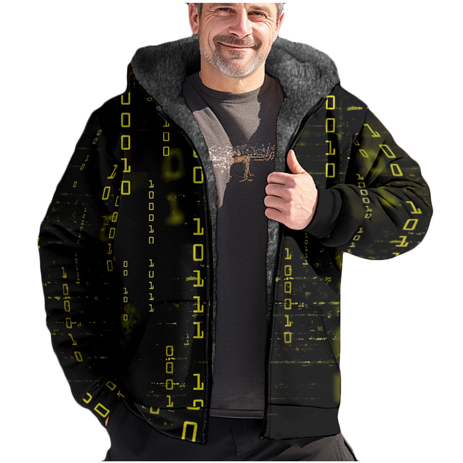 VSSSJ Men's Thick Fleece Jackets Oversized Fit 3D Digital Print Long Sleeve  Zip Up Hooded Coats with Pocket Casual Winter Thermal Plush Coat Dark Blue  XXXXL 