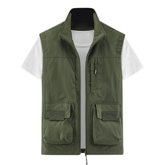 VSSSJ Men's Thin Lightweight Hiking Vest with Multi-Pocket Loose Solid Color Sleeveless Zip Up Stand Collar Waistcoats Casual Quick Dry Sport Jackets Vest Army Green XL