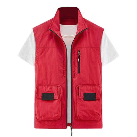 VSSSJ Men's Thin Lightweight Hiking Vest with Multi-Pocket Loose Solid Color Sleeveless Zip Up Stand Collar Waistcoats Casual Quick Dry Sport Jackets Vest Red XXXL