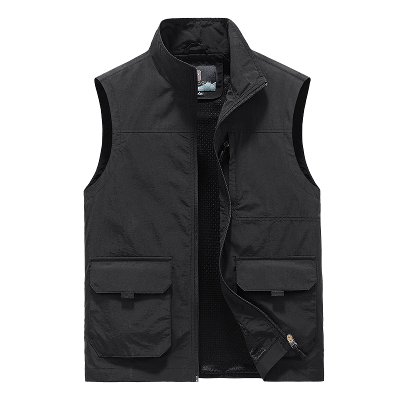 VSSSJ Men s Thin Work Vest Regular Fit Solid Color Sleeveless Zip Up Stand Collar Jacket Casual Lightweight Sport Tops with Pockets Black XXXXXL