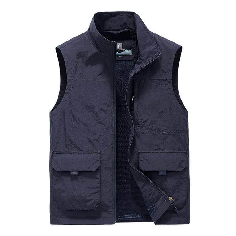VSSSJ Men s Thin Work Vest Regular Fit Solid Color Sleeveless Zip Up Stand Collar Jacket Casual Lightweight Sport Tops with Pockets Dark Blue XXXXXL