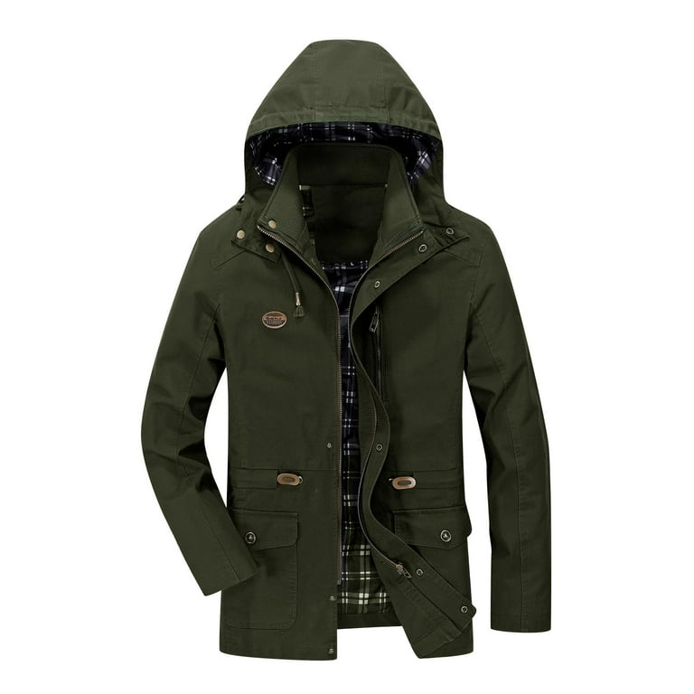 VSSSJ Men s Tooling Coats Oversized Fit Solid Color Zip Up Long Sleeve Multi Pockets Jacket with Hooded Casual Warm Thickening Winter Outwear Army Green XL Walmart