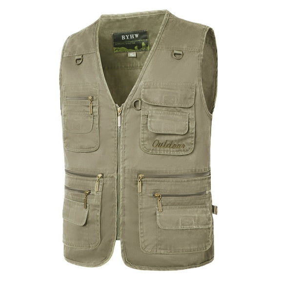 VSSSJ Men's Tooling Waistcoat Plus Size Solid Color Zip Up V-Neck Sleeveless Vest with Multi Pockets Casual Lightweight Outdoor Sport Vest Khaki XL