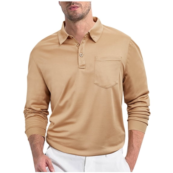 VSSSJ Men's Tops Long Sleeve Button Up Lapel Collar Pocket Solid Color Regular Fit Lightweight Comfortable Business Casual Office Shirt Khaki L