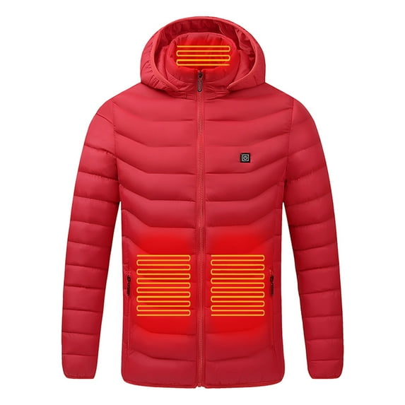 VSSSJ Men's USB Charging Hooded Coats Oversized Fit Solid Color Zip Up Long Sleeve Puffer Coat Winter Nine Heating Zones Travel Heated Jackets Red S