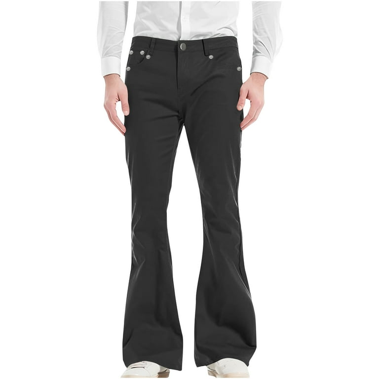 VSSSJ Men's Vintage Flared Pants Slim Fit Solid Color Button Elastic Waist  Wide Leg Straight Long Pants Fashion Stage Performance Trousers Black L