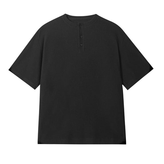 VSSSJ Men's Waffle Golf Shirts Short Sleeve Collarless Henley Shirt Button Up Athletic Casual Lightweight Loose T Shirts Black XL