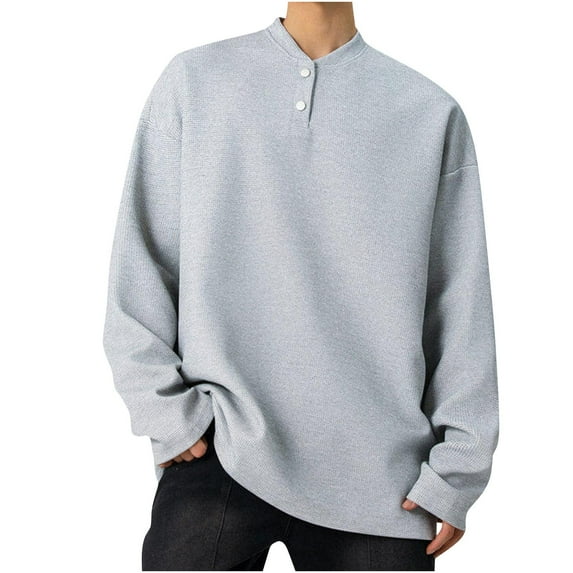 VSSSJ Men's Waffle Henley Shirt Loose Fit Long Sleeve Cotton Blend Sweatshirt Casual Solid Color Thermal Pullover Tops Gray XL