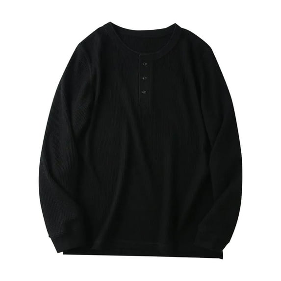 VSSSJ Men's Waffle Henley Shirts Button Up Crewneck Lightweight Sweater Relaxed Fit Long Sleeve Causal Knitted Solid Basic Pullover T Shirt Black L