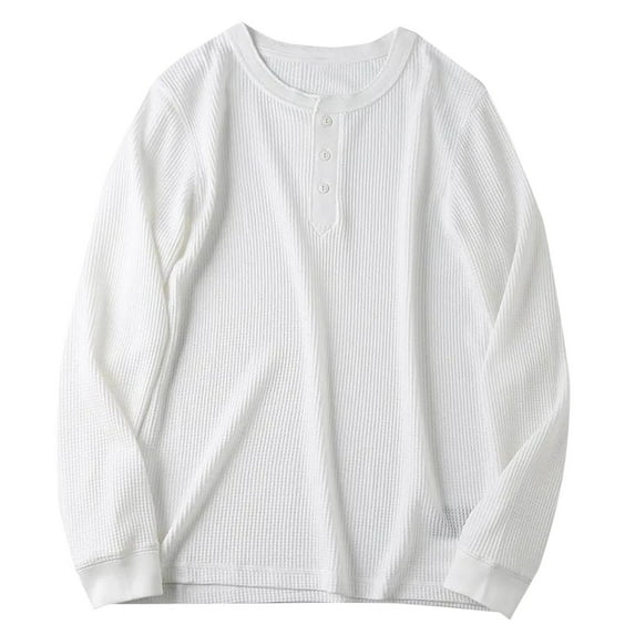 VSSSJ Men's Waffle Henley Shirts Button Up Crewneck Lightweight Sweater Relaxed Fit Long Sleeve Causal Knitted Solid Basic Pullover T Shirt White S