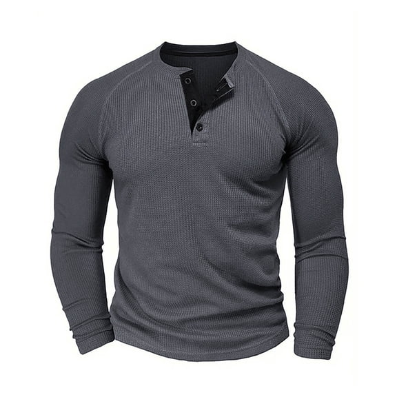 VSSSJ Men's Waffle Henley Shirts Slim Fit Button Up Crewneck Lightweight Tops Muscle Long Sleeve Causal Knitted Pullover T Shirt Dark Gray XL