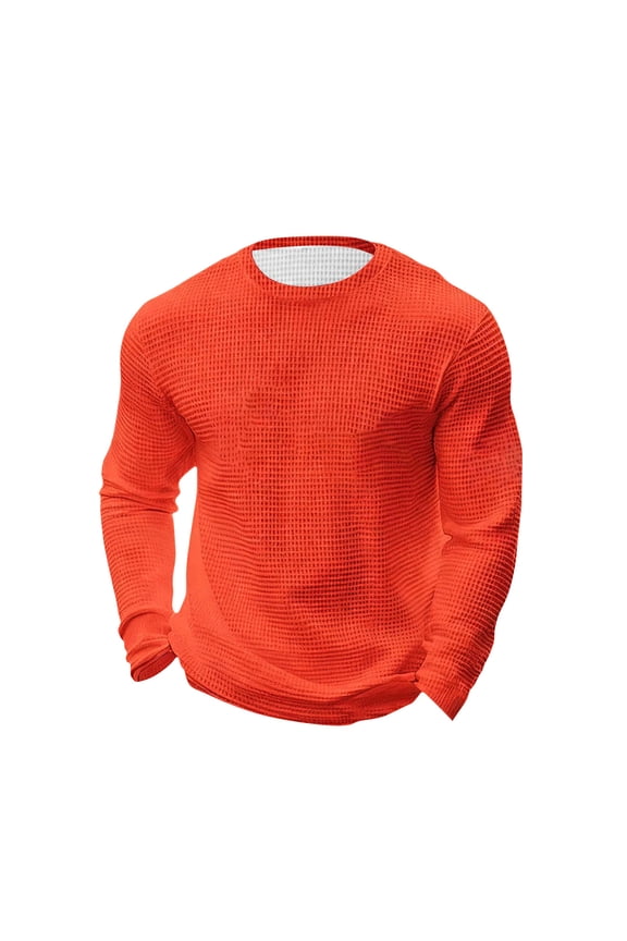 Men's Waffle Long Sleeve Shirts Textured Crew Neck Lightweight Underwear Tops Casual Solid Pullover Sweaters Knit Undershirts Orange XXL