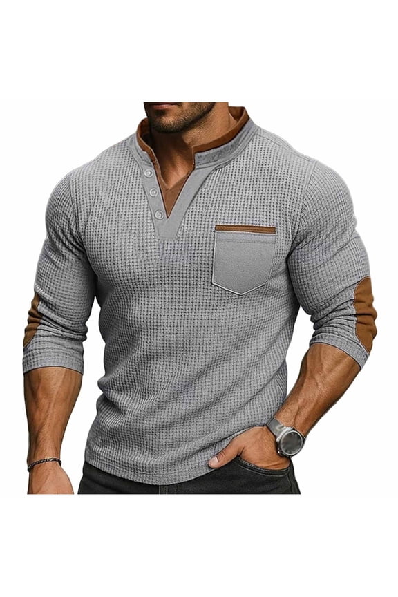 Men's Waffle V Neck Henley Shirts Button Long Sleeve Stand Collar Casual Vintage Stylish Pullover Sweatshirt with Elbow Patches Gray M