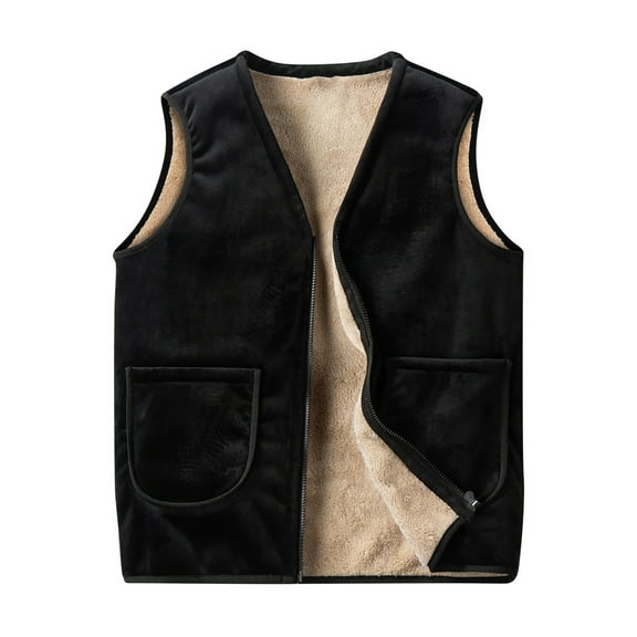 VSSSJ Men's Warm Vest Relaxed Fit Solid Color Sleeveless Zip Up Waistcoat Casual Autumn Winter Lightweight Thickening Lamb Comfy Vest Black XXXL