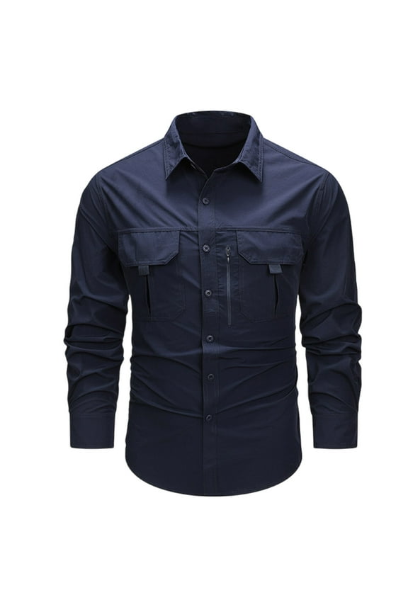 Men's Western Cowboy Long Sleeve Shirts Cotton Button Down Lapel Casual Work Shirts Slim FIt Sports Cargo Shirt with Pockets Dark Blue XXL