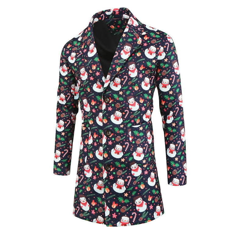 VSSSJ Men s Winter Blazer Coats Big and Tall Christmas Print Long Sleeve Button Down Collared Mid Length Suit Coat Fashion Party Holiday Jacket Black XL Walmart